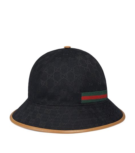 GUCCI Canvas/Leather GG Bucket Hat Black .